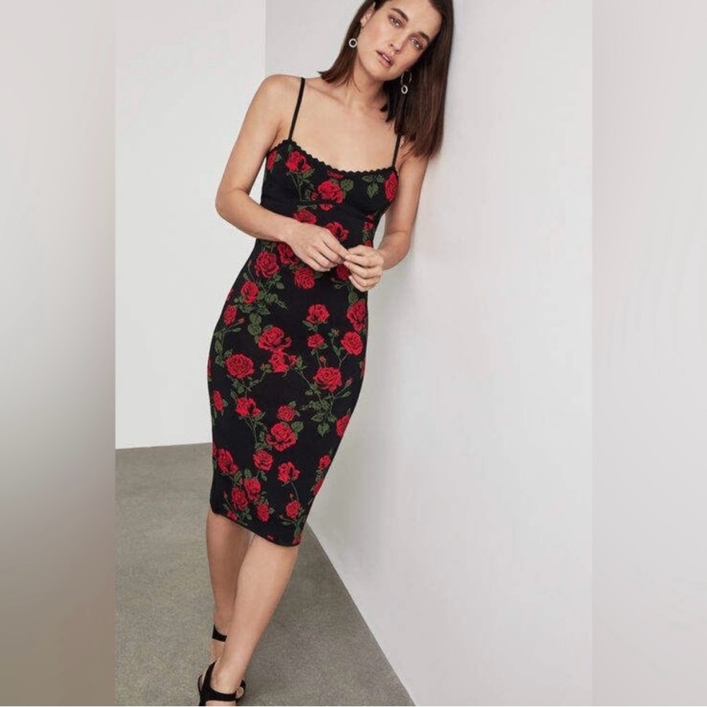 BCBGMaxAzria Black and Red Rose Midi Dress